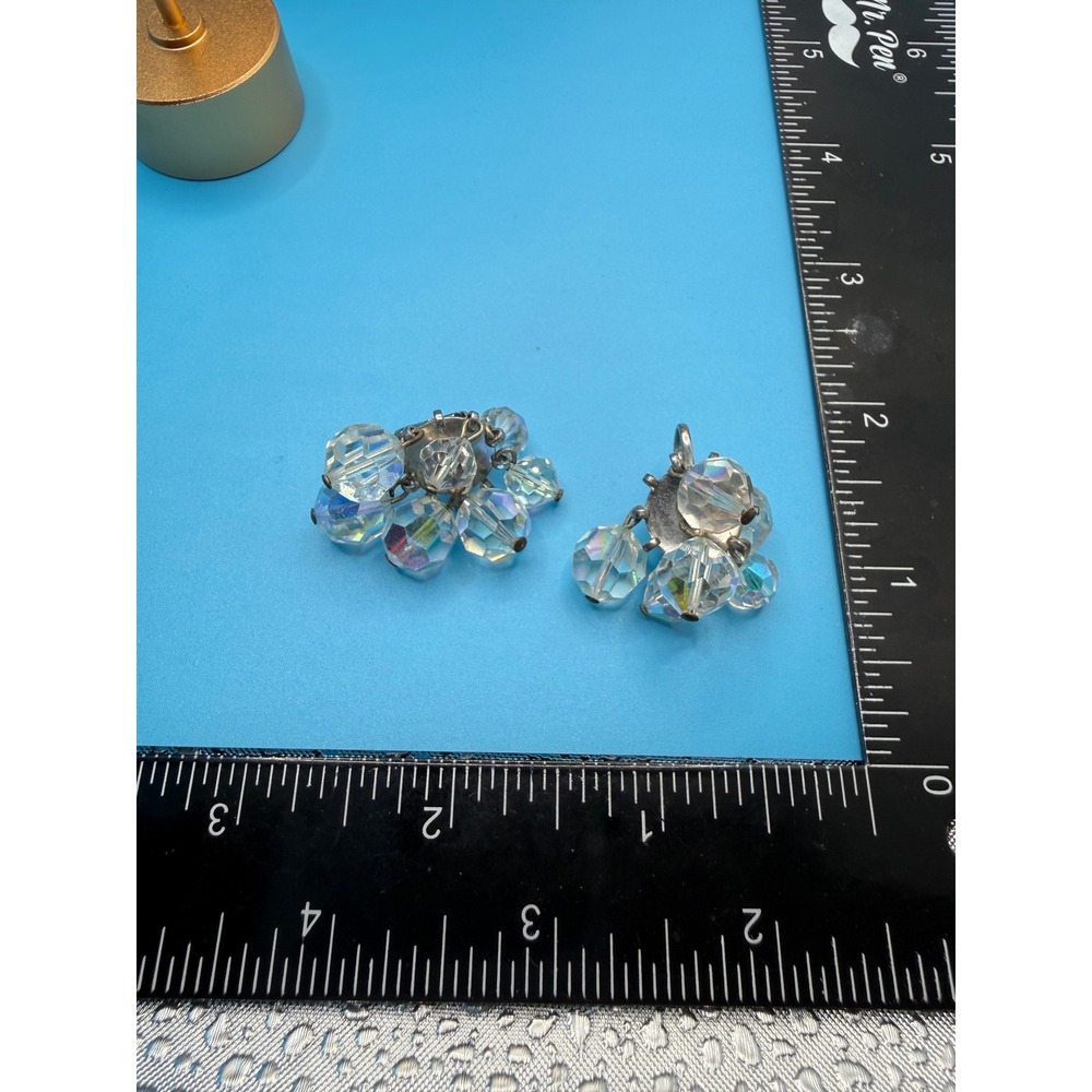 Vintage Aurora Borealis Crystal Cluster Clip On Earrings Iridescent Glass Bead